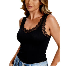 Load image into Gallery viewer, Mulberry Silk Ribbed Tank Top, V-Neck with Lace Trim, Seamless, Slim Fit, One Size Fits Small and Medium -M3309