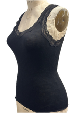 Load image into Gallery viewer, Mulberry Silk Ribbed Tank Top, V-Neck with Lace Trim, Seamless, Slim Fit, One Size Fits Small and Medium -M3309