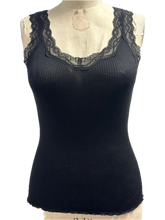 Load image into Gallery viewer, Mulberry Silk Ribbed Tank Top, V-Neck with Lace Trim, Seamless, Slim Fit, One Size Fits Small and Medium -M3309