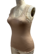 Load image into Gallery viewer, Mulberry Silk Ribbed Tank Top, V-Neck with Lace Trim, Seamless, Slim Fit, One Size Fits Small and Medium -M3309