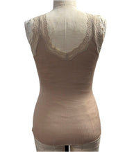 Load image into Gallery viewer, Mulberry Silk Ribbed Tank Top, V-Neck with Lace Trim, Seamless, Slim Fit, One Size Fits Small and Medium -M3309