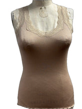 Load image into Gallery viewer, Mulberry Silk Ribbed Tank Top, V-Neck with Lace Trim, Seamless, Slim Fit, One Size Fits Small and Medium -M3309