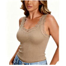 Load image into Gallery viewer, Mulberry Silk Ribbed Tank Top, V-Neck with Lace Trim, Seamless, Slim Fit, One Size Fits Small and Medium -M3309