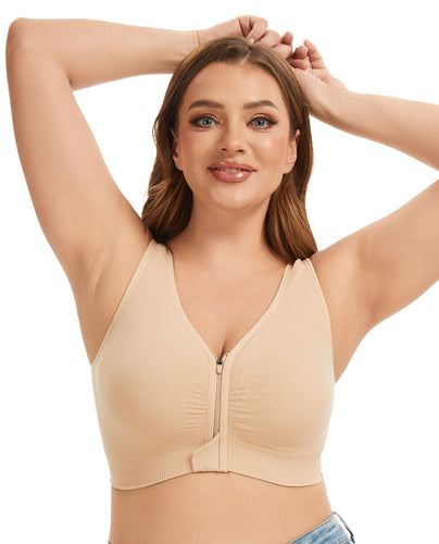 Seamless Mastectomy Bra with Removable Pads - Zip Front Closure, Adjustable Straps